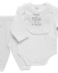 White baby bodysuit with text and matching pants on a white background