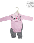 Pink baby outfit with cat design on a hanger, branded 'Mother's Choice'.
