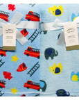 Baby blanket with fire truck, elephant, and star patterns on a blue background.