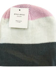 Color-blocked beanie with pink, white, and gray sections on a white background.