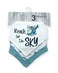 Set of three baby bibs with helicopter design and text 'Reach for the Sky' on a white background.