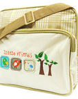 Beige bag with 'little friends' text and nature-themed designs on a white background