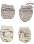 Four baby疝气带, two in gray with subtle patterns and two in beige with bear illustrations, on a white background.