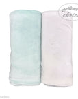 Two soft baby blankets, one light blue and one white, with 'Mother's Choice' branding on a white background.