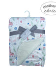 Baby blanket with animal patterns and a gray bow, branded 'Mother's Choice', on a white background.
