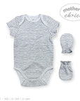 Baby outfit set with striped onesie, hat, and gloves on a white background