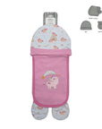Baby swaddle bag with matching hat, booties, and mittens on a white background