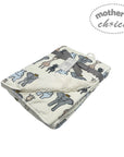 Folded baby blanket with elephant pattern on a white background, branded 'Mother's Choice'.