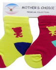 Two colorful baby socks with cartoon characters on a 'Mother's Choice' branded card.