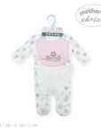 Baby outfit with floral pattern and pink bib on a hanger, branded 'Mother's Choice'.