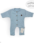 Blue baby romper with buttons on a white background, featuring 'Mother's Choice' branding.