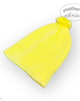 Yellow beanie with a pom-pom on a white background, branded 'Mother's Choice'.