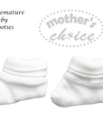 White premature baby booties with 'mother's choice' logo on a white background
