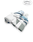 hooded towel and 4 washcloths and wash sponge blue car
