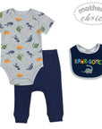 Baby outfit set with gray bodysuit, navy pants, and bib with dinosaur pattern on a white background.