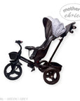 Black and gray baby tricycle with canopy on a white background, featuring 'Mother's Choice' branding.