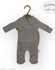 Gray baby onesie on a hanger with 'mother's choice' branding on a white background
