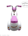 Black and pink toy tricycles with 'Mother's Choice' label on a white background