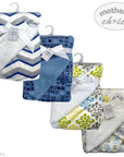 Collection of baby blankets with various patterns and designs on a white background.