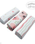 Three rolled-up fabric swaddles with different patterns on a white background, featuring the 'Mother's Choice' brand.