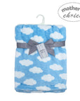 Blue blanket with white cloud pattern on a hanger, branded 'Mother's Choice'.