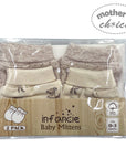 Pack of baby mittens with 'infancie' branding on a white background