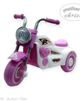 Black and pink toy tricycles with 'Mother's Choice' label on a white background