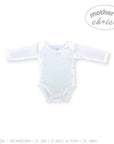 White baby bodysuit with long sleeves on a white background, featuring 'Mother's Choice' branding.