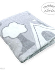 Gray baby blanket with heart and star designs on a white background, branded 'Mother's Choice'.
