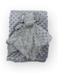 Gray plush toy and blanket set on a white background