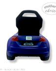 Blue children's toy car with black seat on a white background, featuring 'Mother's Choice' branding.