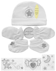 Baby hat, booties, and headbands with decorative elements on a white background