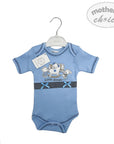 Blue baby bodysuit with cartoon design on a hanger against a white background, featuring 'mother's choice' branding.