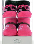 Pair of pink baby socks with black accents in a clear packaging box.