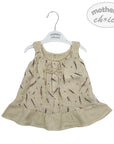 Beige baby dress with feather pattern on a white hanger against a white background, featuring 'mother's choice' branding.