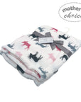 Flannel blanket with animal pattern and 'Mother's Choice' label on a white background