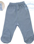 Blue baby pants with footies on a white background, featuring 'Mother's Choice' branding.
