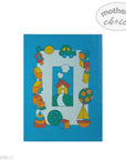 Colorful toy-themed card with a blue border, featuring various toys and a house illustration.