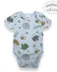 Baby onesie with animal patterns on a white background, featuring 'mother's choice' branding.