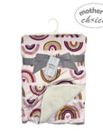 Baby blanket with rainbow pattern and 'mother's choice' tag on a white background