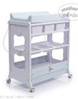 Stork And Baby mobile baby bath caddy with white frame, blue star-patterned changing mat, and storage shelves.