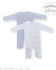 Stork And Baby light grey and white patterned 2-piece babygrow set with snap closures and footies. Soft cotton.