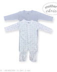 Stork And Baby light blue and white patterned 2-piece babygrow set with snap closures and footies.