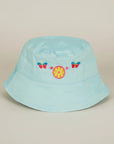 Stork And Baby light blue cotton bucket hat with embroidered flower and butterflies for girls.