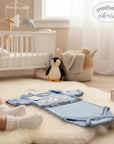 Stork And Baby light blue 100% combed cotton baby romper with rocking horse and little friends print