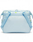 Stork And Baby Mothers Choice blue diaper bag with two outer pockets and patterned trim on a white background