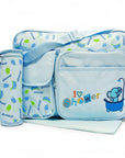 Stork And Baby blue diaper bag with I Love Shower print, two outer pockets, and matching bottle holder.