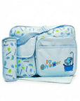 Stork And Baby Mothers Choice blue diaper bag with elephant print, two outer pockets, and matching bottle holder.