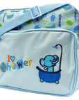 Stork And Baby blue nappy bag with elephant in a bathtub graphic and "I love shower" text. Multiple compartments and adjustable strap.