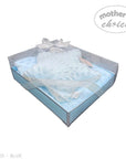 Stork And Baby blue sherpa blanket gift box with a star-shaped plush toy embroidered with 'baby'.